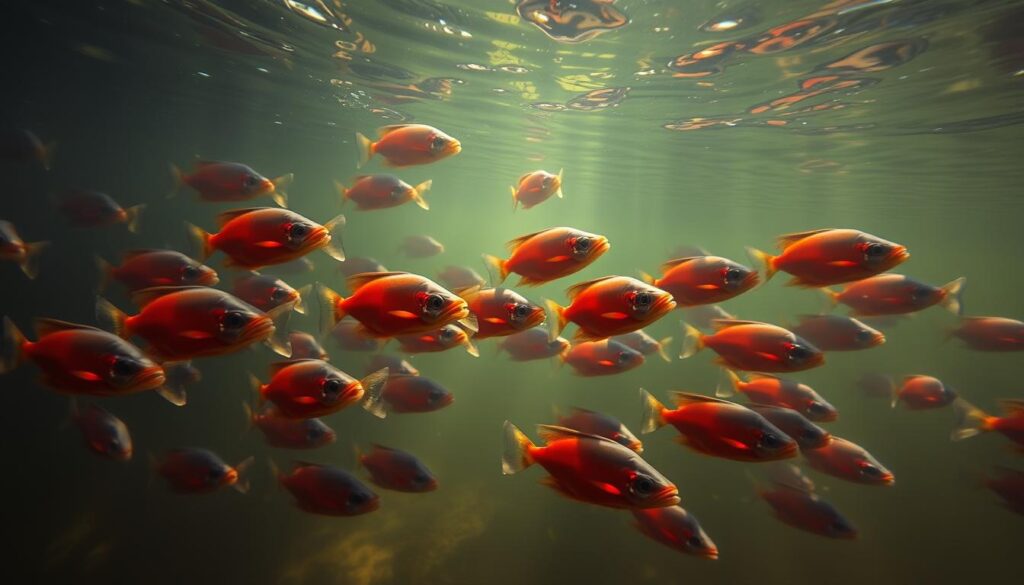 Ikan piranha merah berenang bersama Ikan piranha merah berenang bersama
